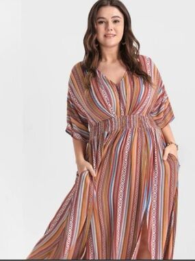 Bloomchic Boho Stripe Maxi Dress in Rust & Blue with pockets